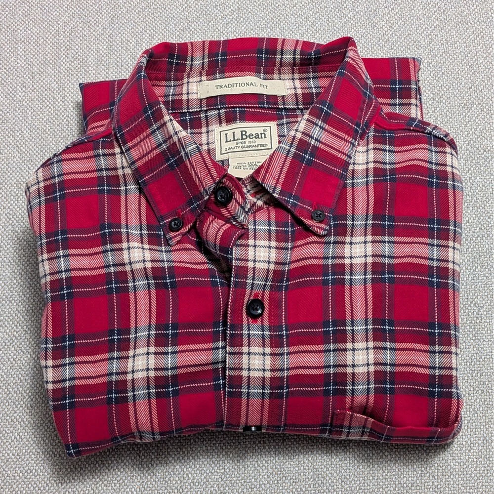 L.L.Bean Men's Traditional Fit Flannel Shirt Red Plaid Long Sleeve Button Down